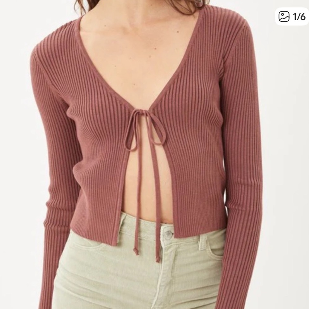NWT Zara Ribbed Knit Tie-Front Sweater in Mauve/Dusty Rose Size M